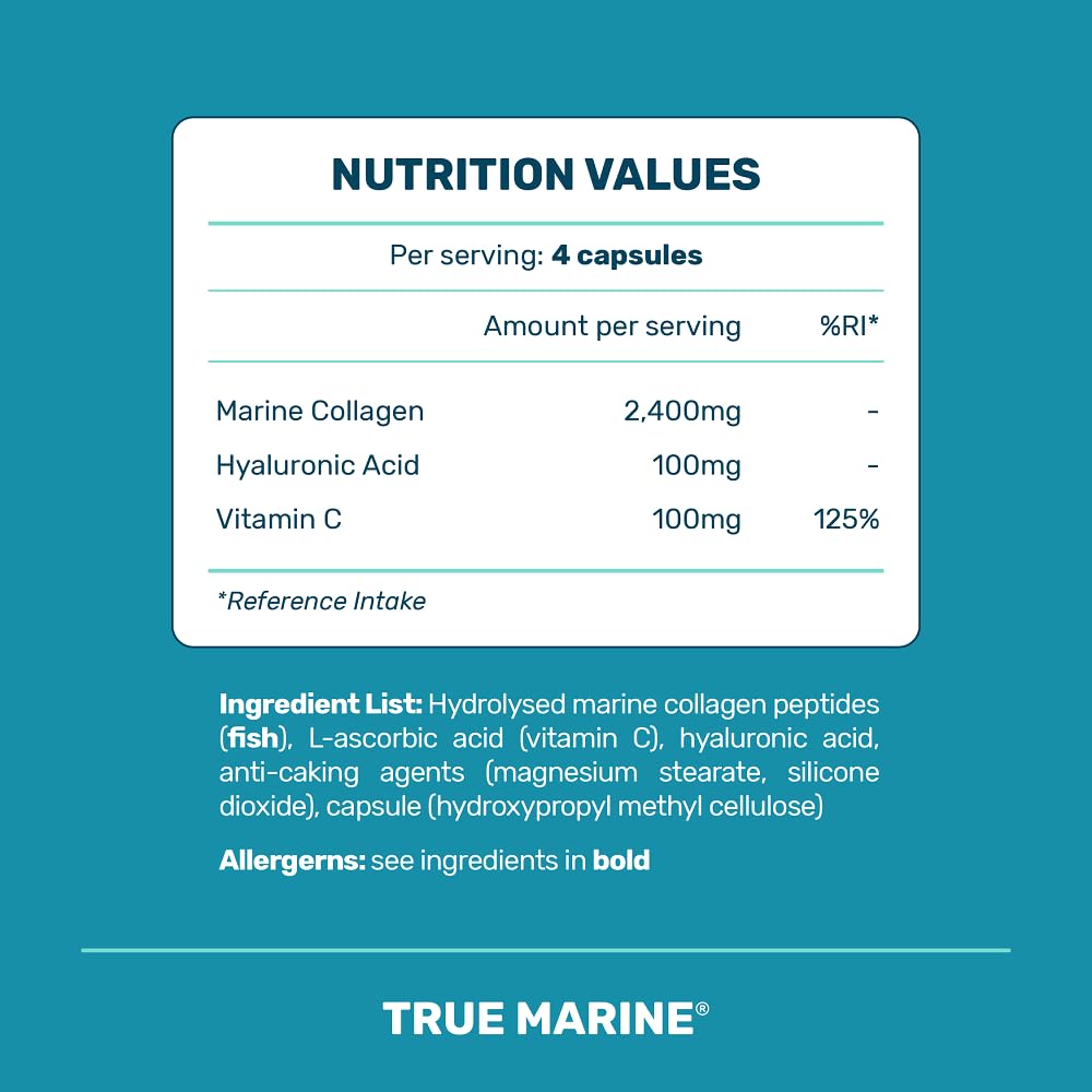 TRUE MARINE Collagen Capsules - 2,400mg of Marine Collagen with Hyaluronic Acid & Vitamin C - Skin, Hair, Nails & Joint Support TRUE MARINE