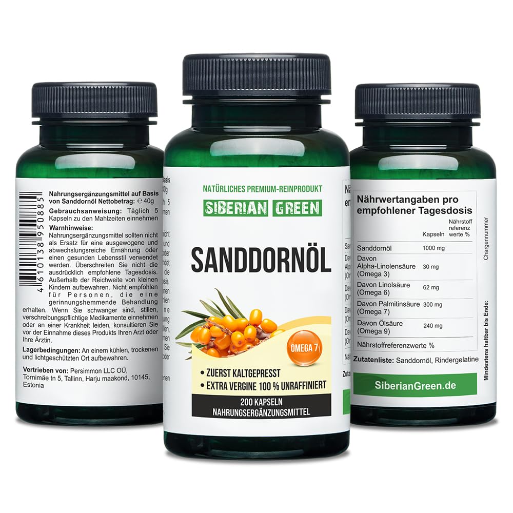 Siberian Sea Buckthorn Oil Capsules 200 Softgels | from Wild-harvested Siberian Sea Siberian Green