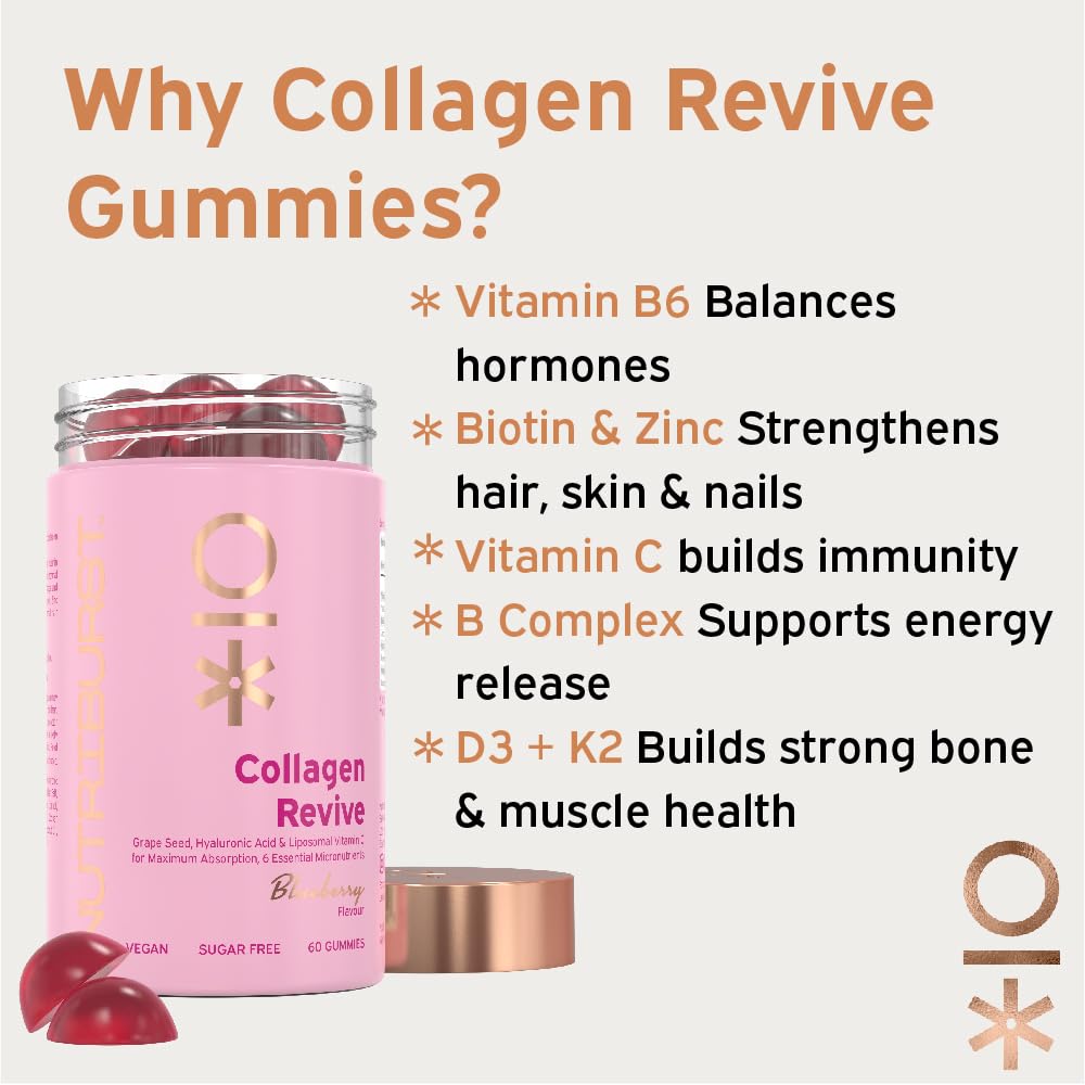 Nutriburst - Vegan Collagen Revive Gummies - Biotin (100µg), Hyaluronic Acid (100mg) + Vitamin C (80mg) Nutriburst