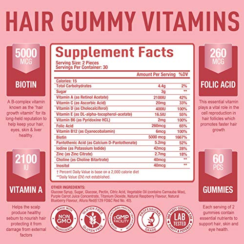 Premium Hair Vitamins Supplement-Gummy Vitamins w/Biotin, Folic Acid, Vitamins A&D Purely Optimal