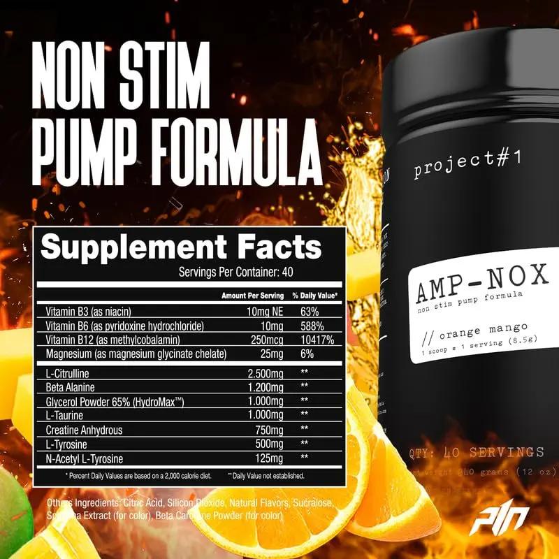 Project #1 AMP-NOX: Pre & Post Workout Powder to Boost Focus & Pump | Energizing Protein Drink for Gym Goers and Athletes | Stim-Free Muscle Primer - Instant Strength [40 Servings] - Orange Mango