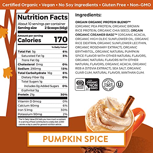 Orgain Organic Vegan Protein Powder, Pumpkin Spice - 21g of Plant Based Protein Orgain
