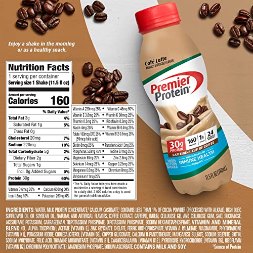 Premier Protein Shake, Café Latte Liquid, 30g Protein, 1g Sugar, 24 Vitamins & Minerals Premier Protein
