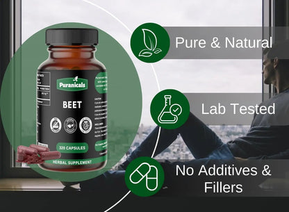 Puranicals Beet Premium 320 Capsules Nitric Oxide Booster | Herbal Supplement | 900 mg Per Serving | Made with 100% Pure Beetroot Powder (Beta Vulgaris)