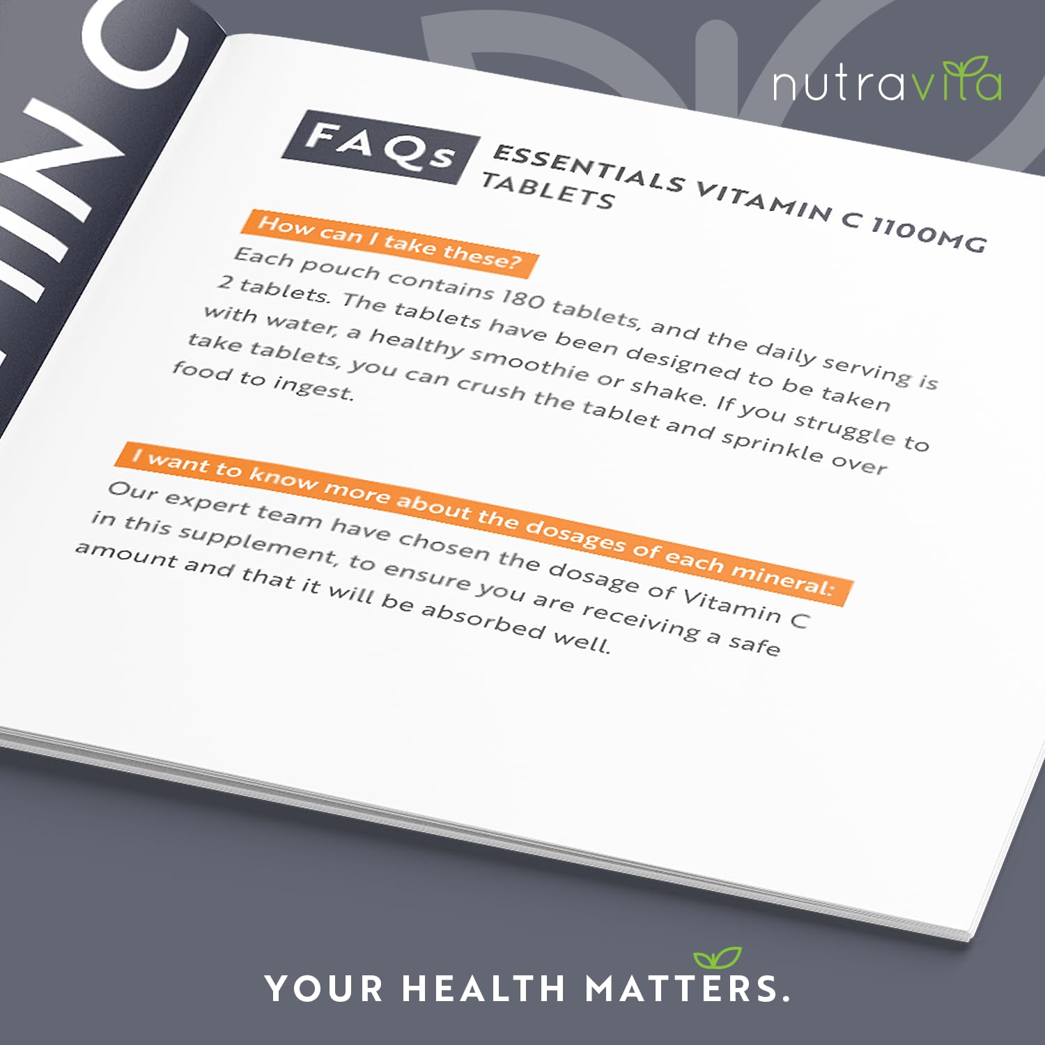 Vitamin C Tablets 1100mg – 180 Premium Vegan and Vegetarian Tablets – 3 Month Supply Nutravita