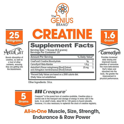 Genius Pre Workout Powder, Sour Apple, and Genius Micronized Creatine Monohydrate Powder, Unflavored, All Natural Nootropic Pre Workout and Post Workout Supplement Stack