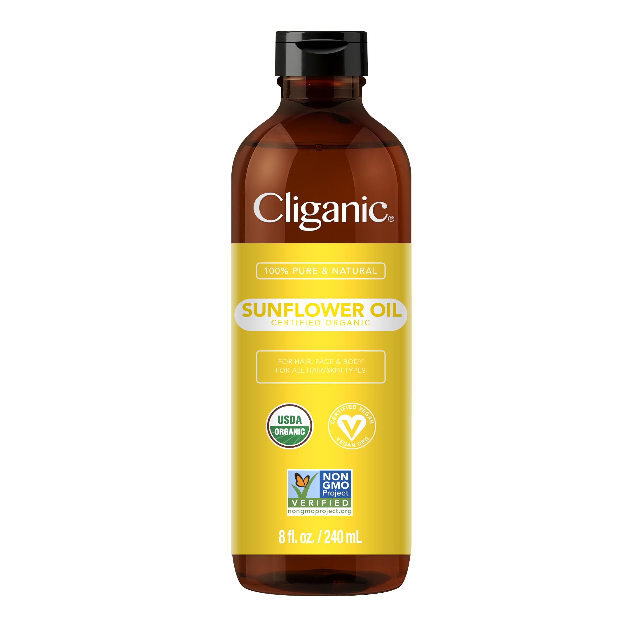Cliganic Organic Sunflower Oil, 100% Pure (8oz) - For Skin, Hair & Face | Natural Cold Pressed Unrefined Cliganic
