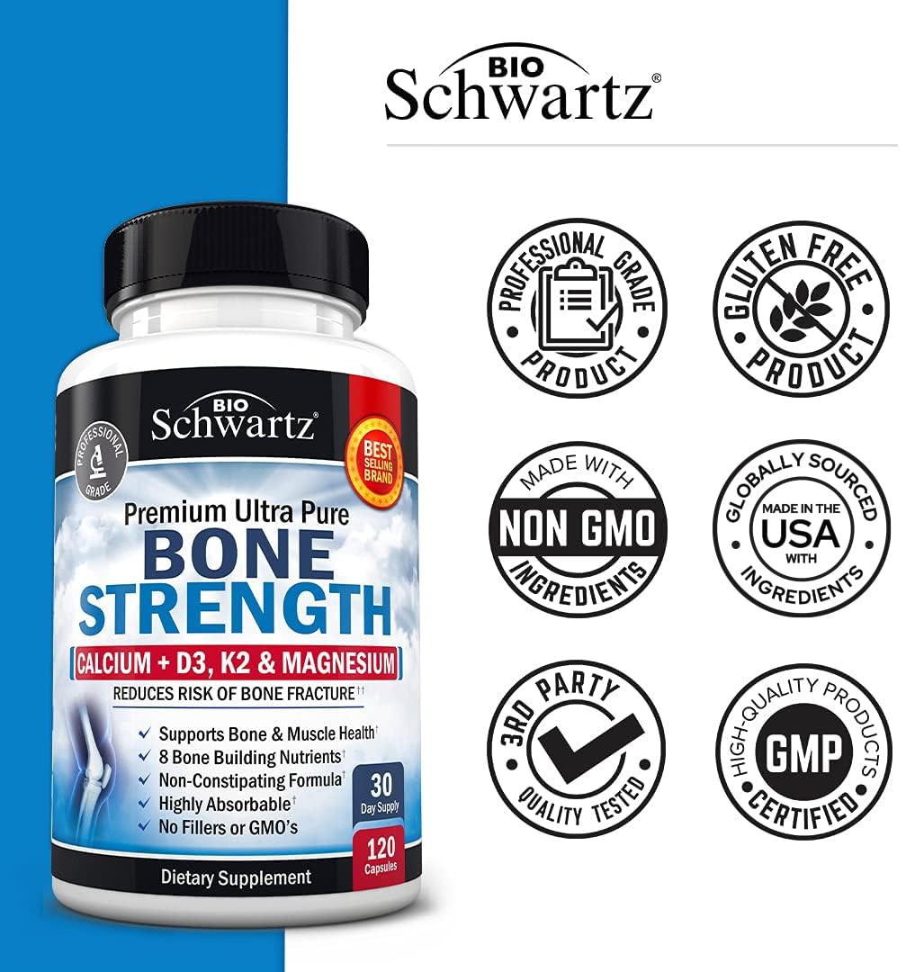 Bone Strength Supplement with Calcium + D3, K2 & Magnesium - Highly Absorbable BioSchwartz