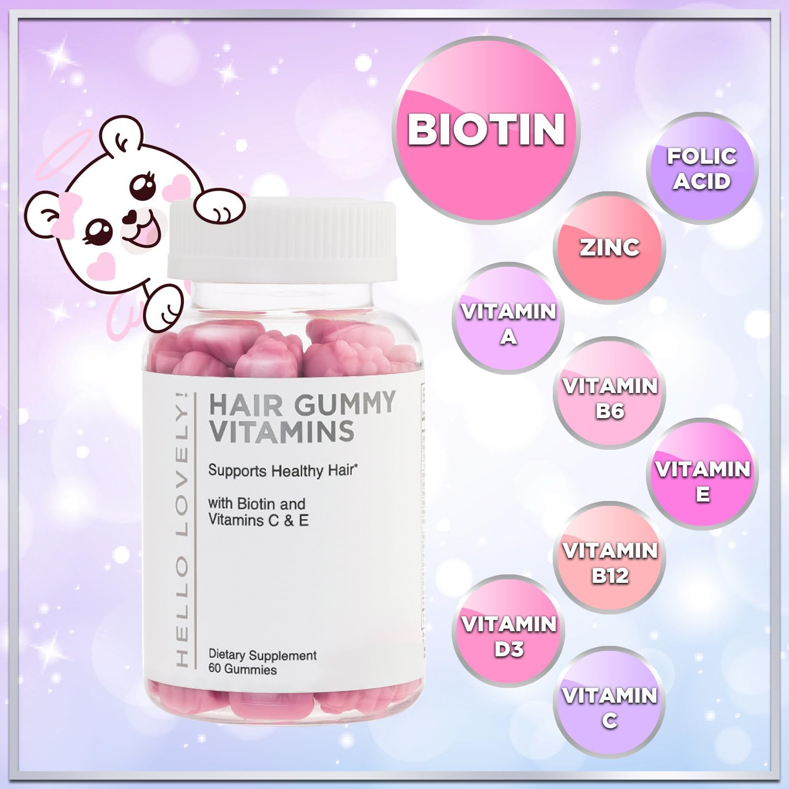 Hello Lovely! Hair Vitamins Gummies with Biotin 5000 mcg Vitamin E & C Support Hair Growt Hello Lovely!