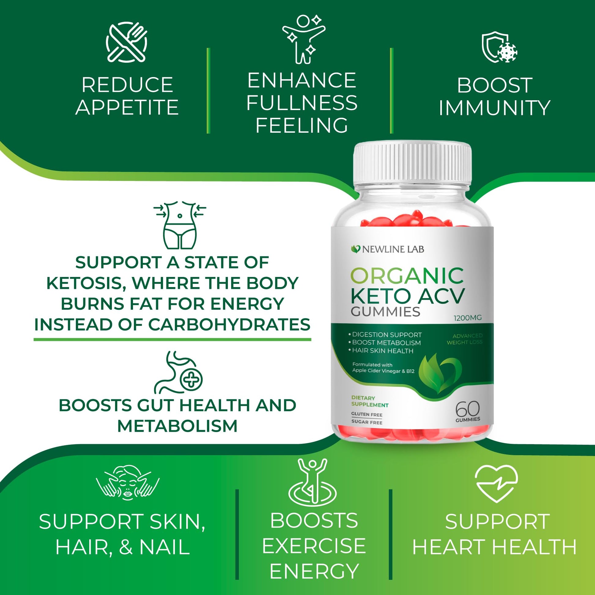 Organic Keto ACV Gummies for Advanced Weight Loss Fat Burn - Sugar Gluten Free Apple Newline Lab