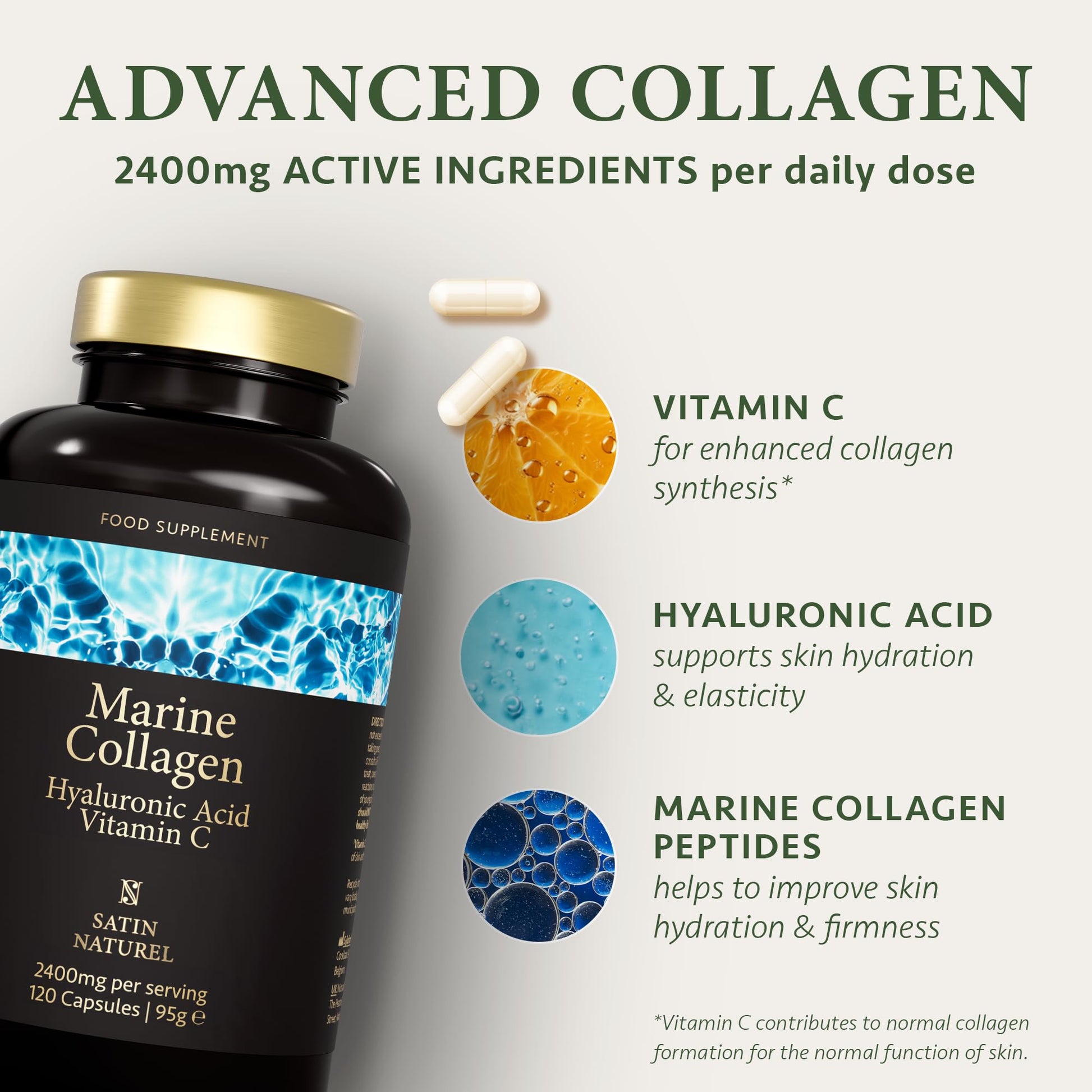 Marine Collagen Capsules with Hyaluronic Acid + Vitamin C 2400mg - High Strength Collagen SatinNaturel