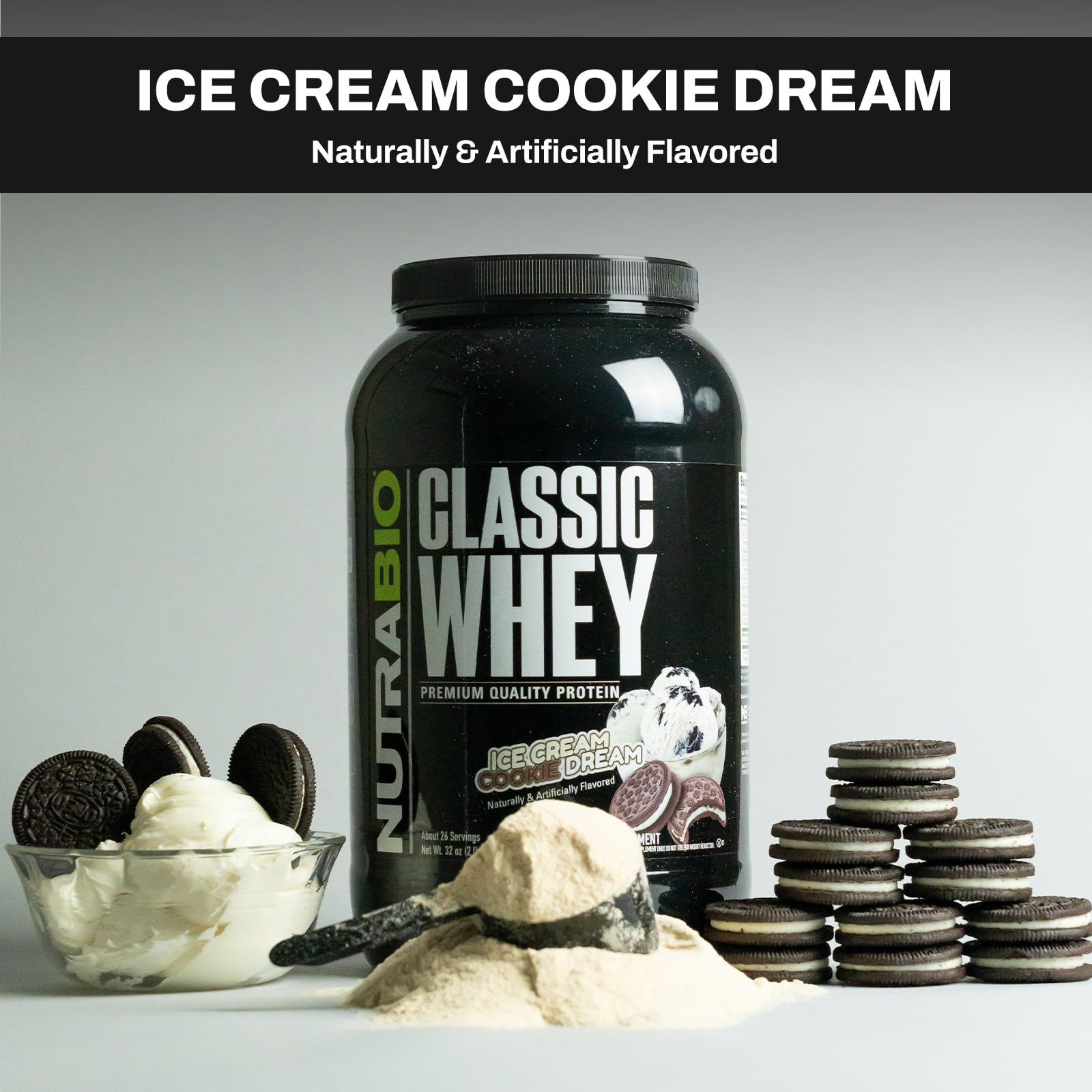 NutraBio Classic Whey Protein Powder- 25G of Protein Per Scoop - Ice Cream Cookie NutraBio