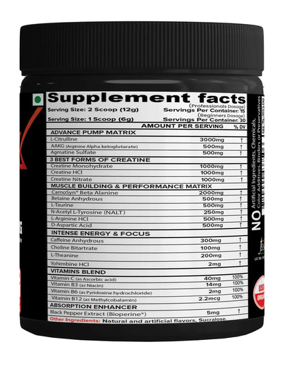 NutriJa Weapon-X Pre-Workout Powder with 21 Active Ingredients - 3 Best Forms of Creatine, AAKG, Beta-Alanine, Caffeinated | Pumps, Viens Popping, Energy, Focus & Strength (60 Servings (Mango))