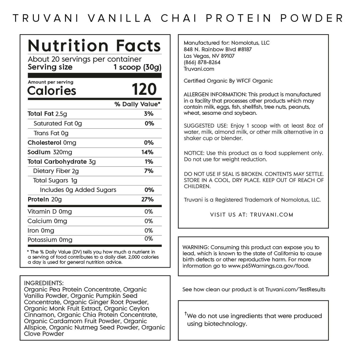 Truvani Organic Vegan Protein Powder Vanilla Chai - 20g of Plant Based Protein, Organic Truvani