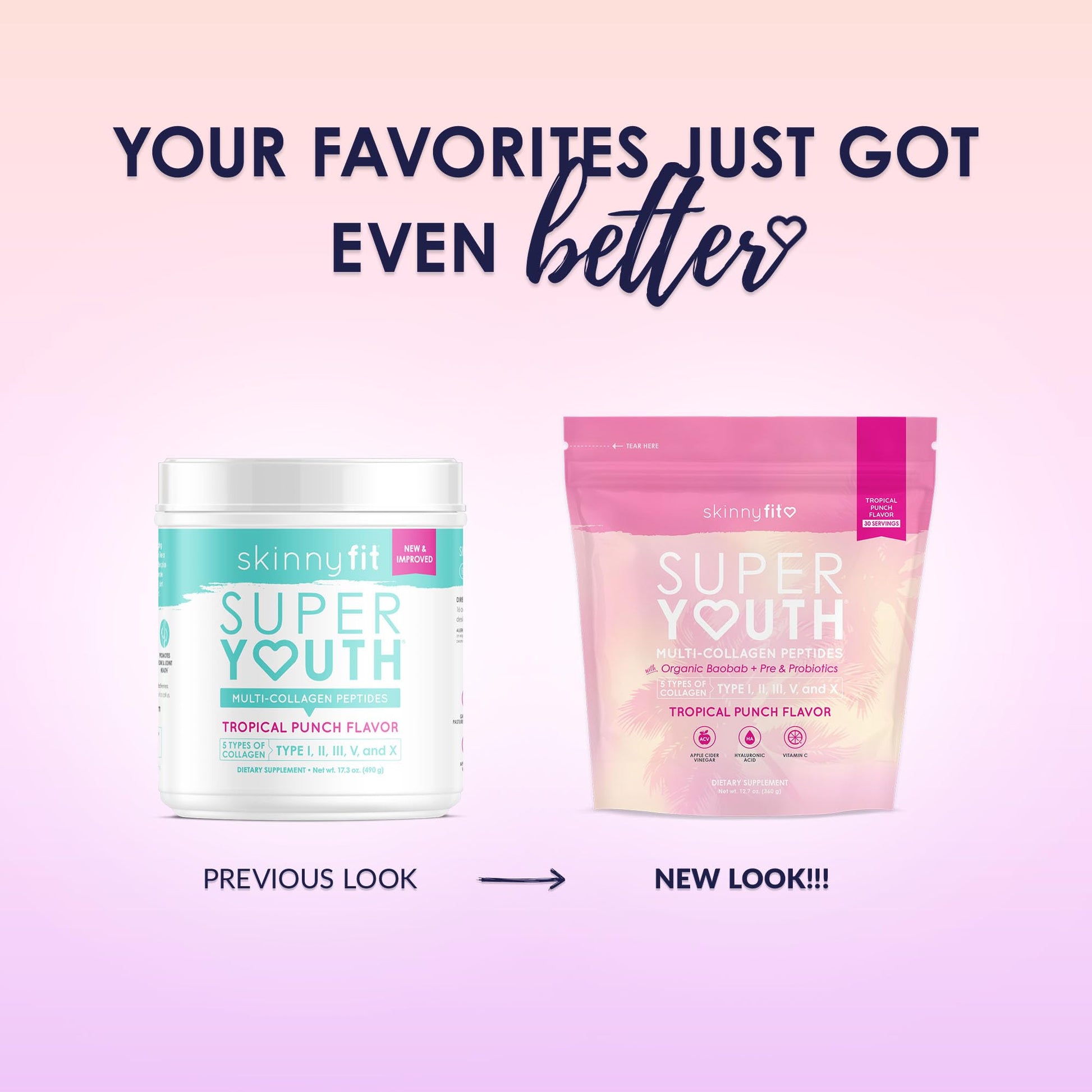 SkinnyFit Super Youth Tropical Punch Multi-Collagen Peptides + Probiotics, Baobab Fiber SkinnyFit