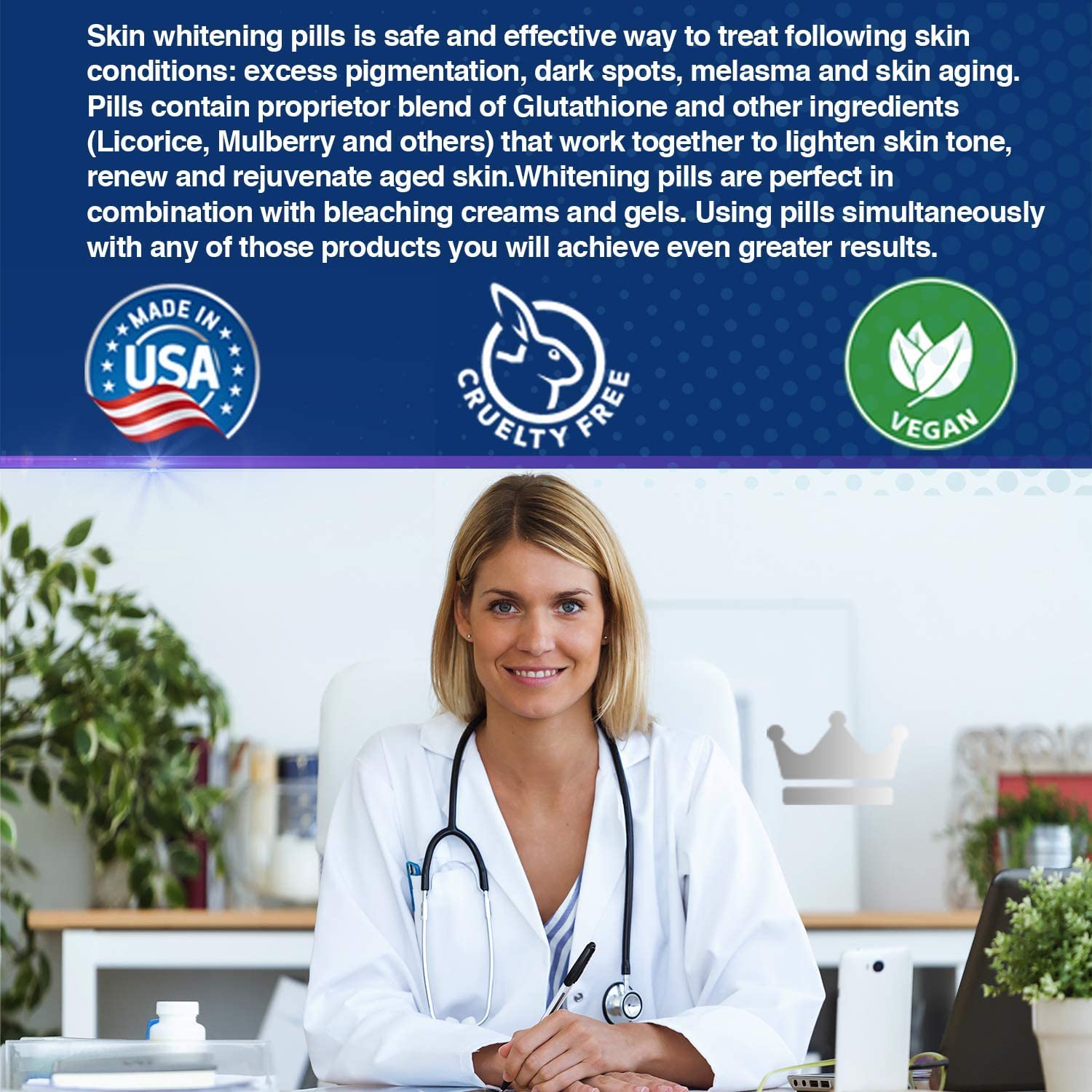 Glutathione Whitening Pills - 180 Capsules 2000mg Glutathione - Effective Skin Lightening NORTHERN CROWN COSMETICS