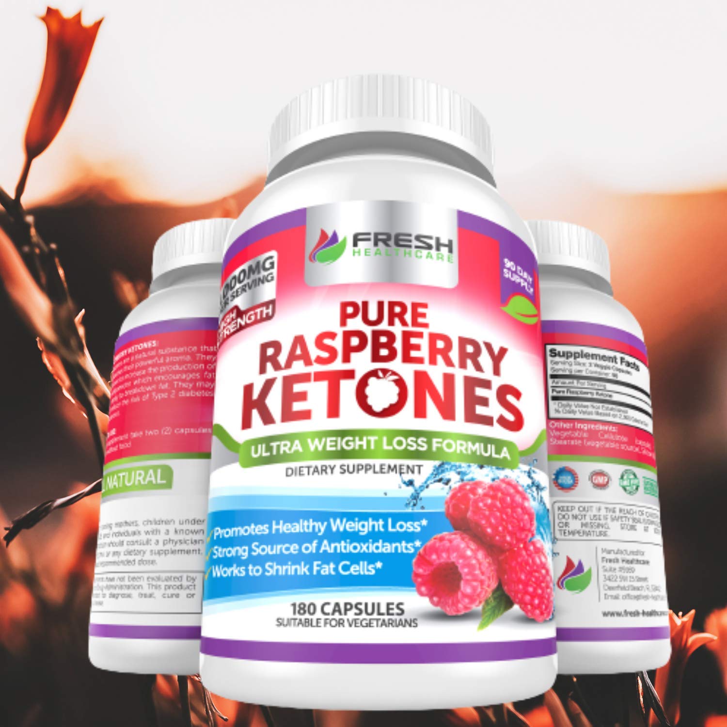 FRESH HEALTHCARE Pure 100% Raspberry Ketones Max 1000mg Per Serving - 3 Month FRESH HEALTHCARE