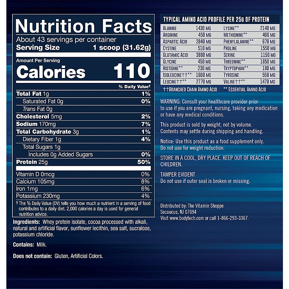 BODYTECH Whey Protein Isolate Powder - Rich Chocolate (3 lbs./43 Servings) BODYTECH