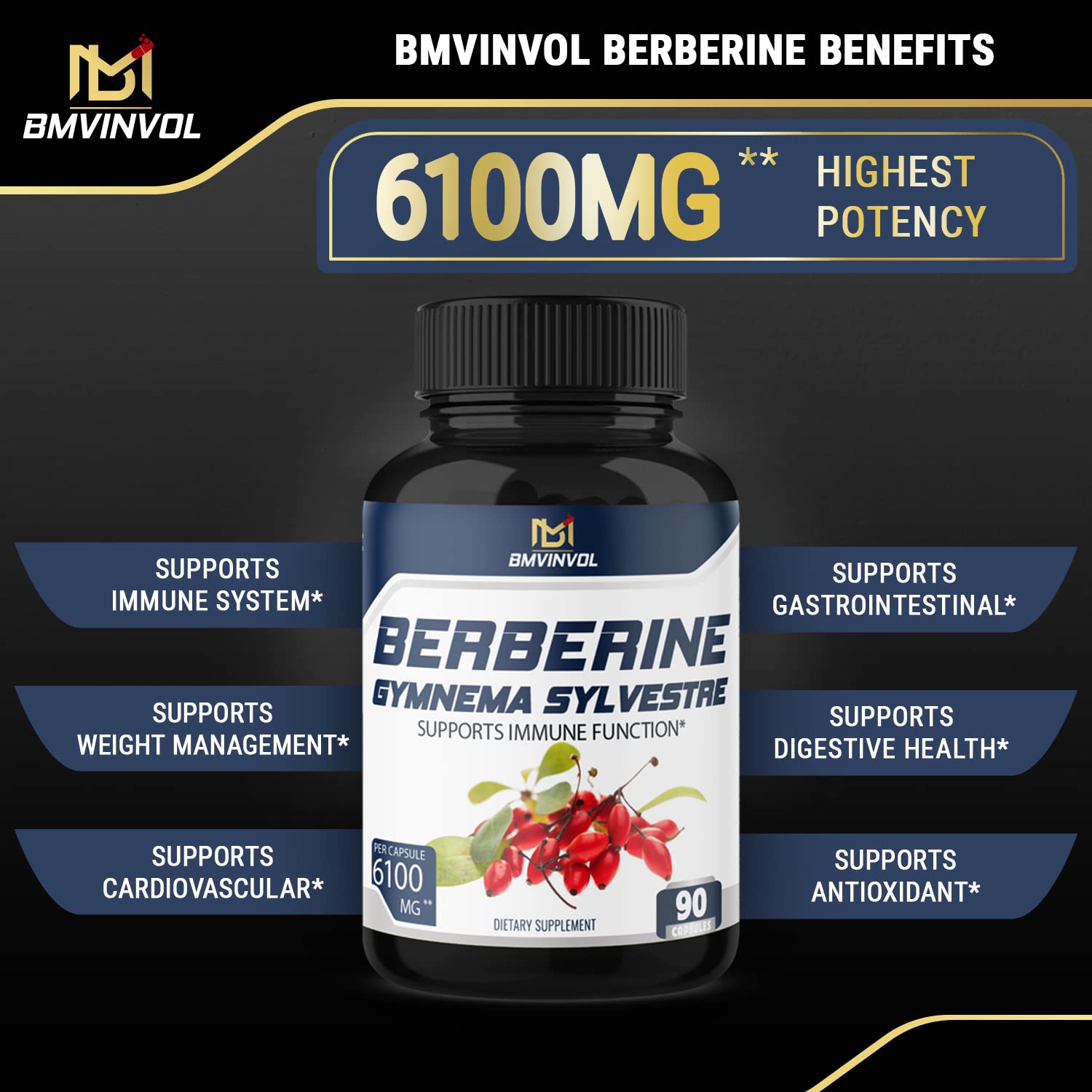 BMVINVOL 5-in-1 Berberine Supplement 6100mg with Ceylon Cinnamon, Gymnema BMVINVOL