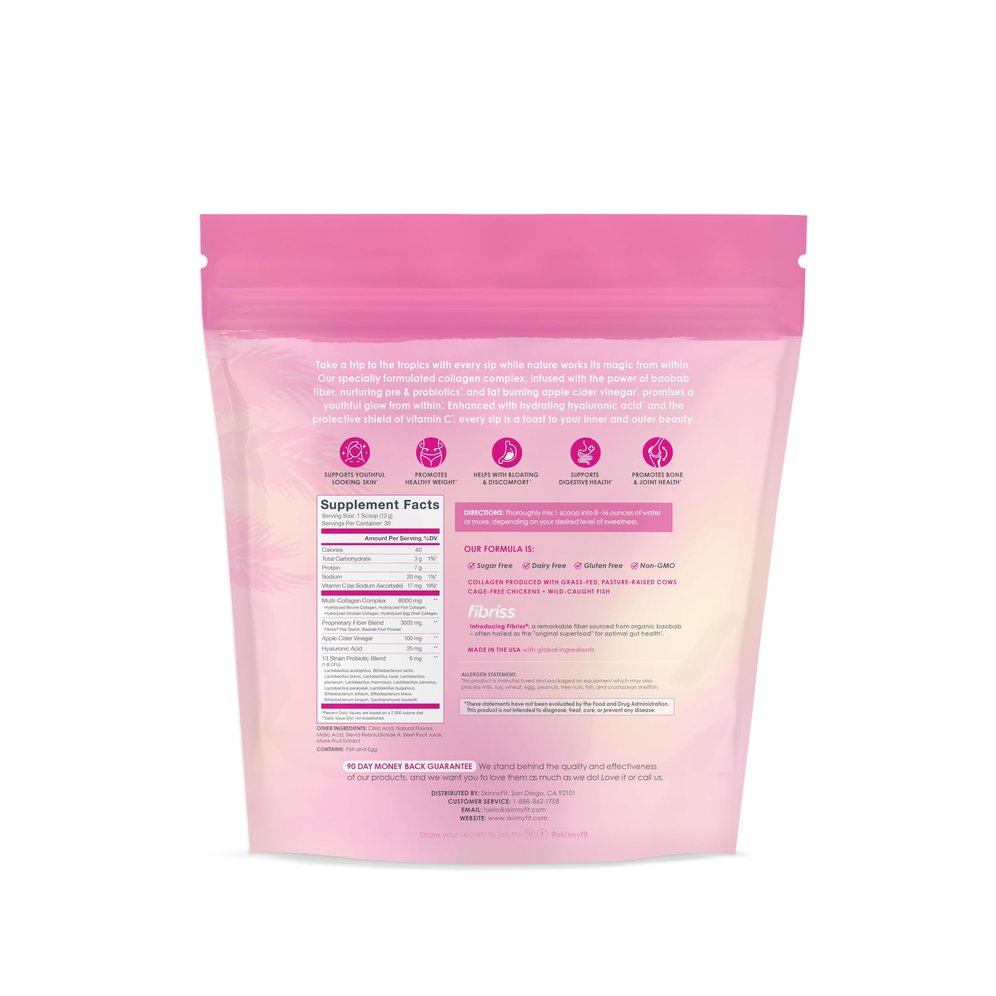 SkinnyFit Super Youth Tropical Punch Multi-Collagen Peptides + Probiotics, Baobab Fiber SkinnyFit