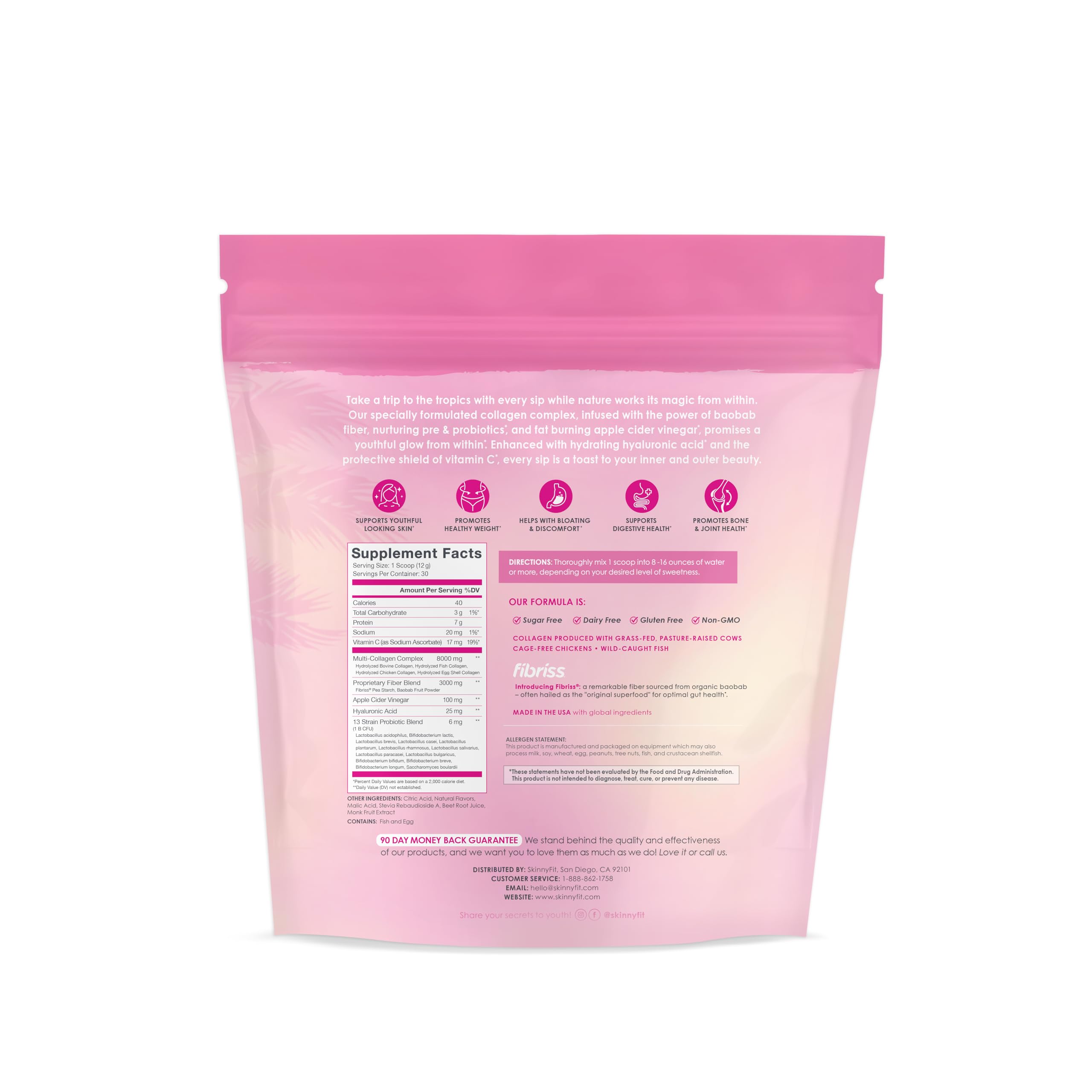 SkinnyFit Super Youth Tropical Punch Multi-Collagen Peptides + Probiotics, Baobab Fiber SkinnyFit