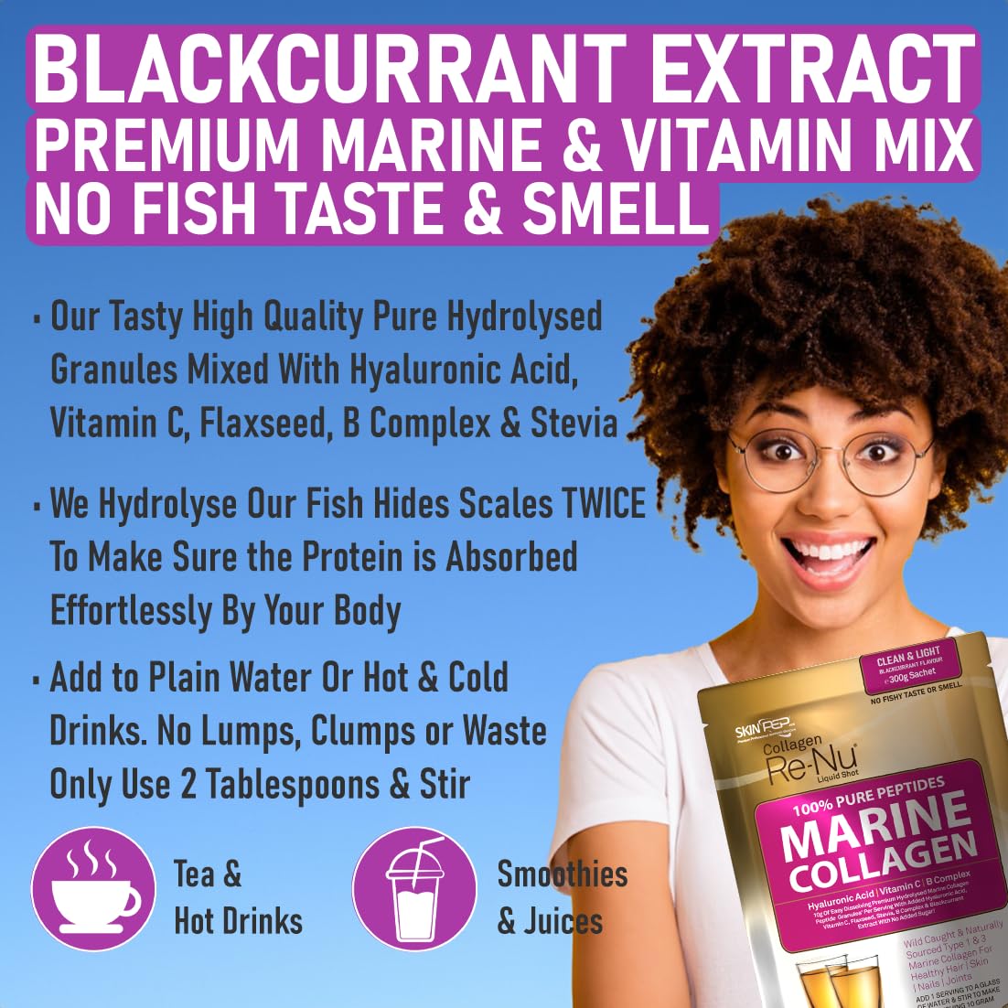 Premium Hydrolysed Marine Collagen Peptide Powder + VIT C, B Complex Hyaluronic Acid, & Stevia. Delicious Taste/No Fishy Smell - SkinPep® Collagen Re-Nu 300g - 30 Days Supply SkinPep