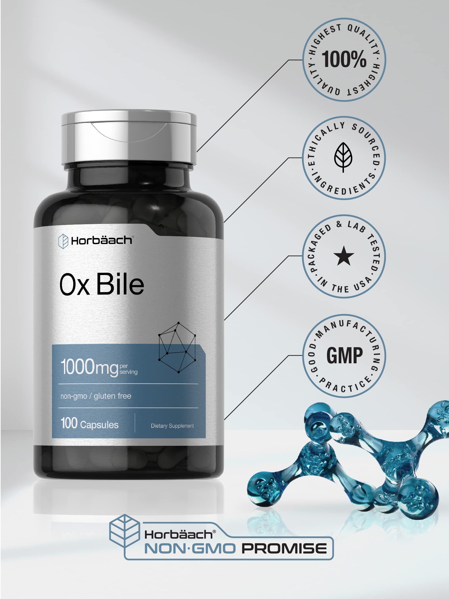 Ox Bile 1000 mg 100 Capsules | Digestive Enzymes Supplement | Non-GMO & Gluten Free Horbäach