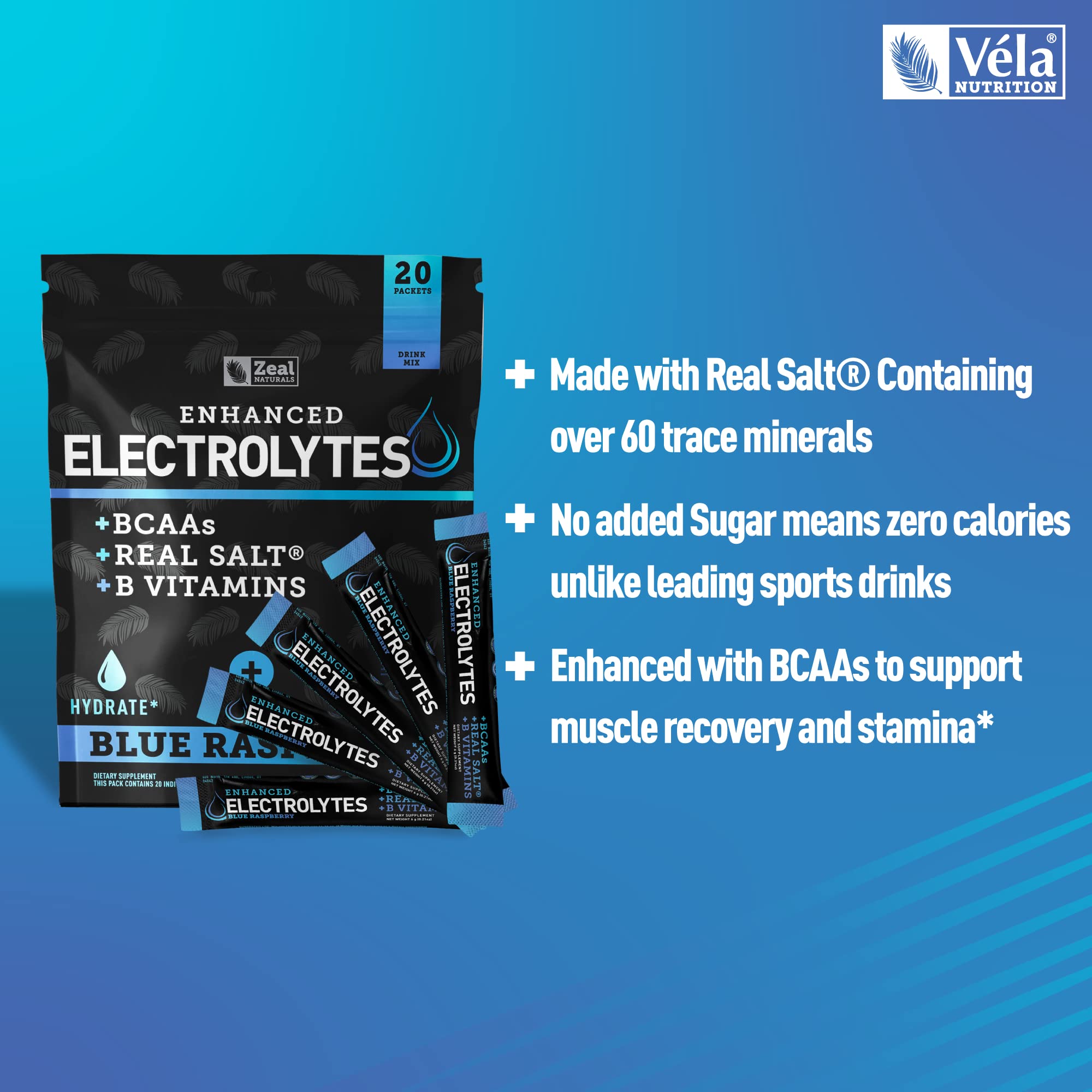 Enhanced Powder Stick Packs (Blue Raspberry - 20 Packets) Sugar Free + BCAA B-Vitamin Zeal Naturals