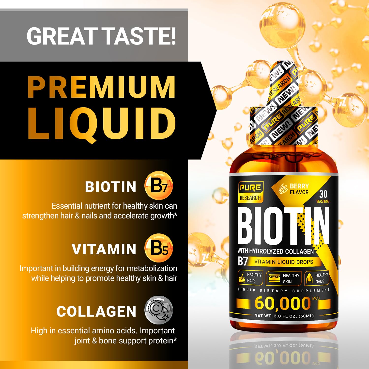 PURE RESEARCH Liquid Biotin & Collagen Hair Growth Drops 60,000mcg – Biotin and Liquid PURE RESEARCH