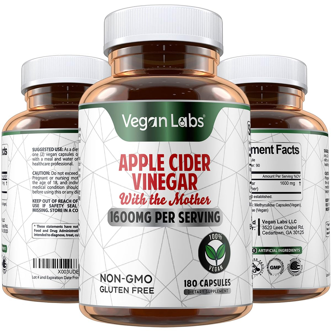 Vegan Labs Apple Cider Vinegar Capsules with The Mother- 180 Vegan Capsules