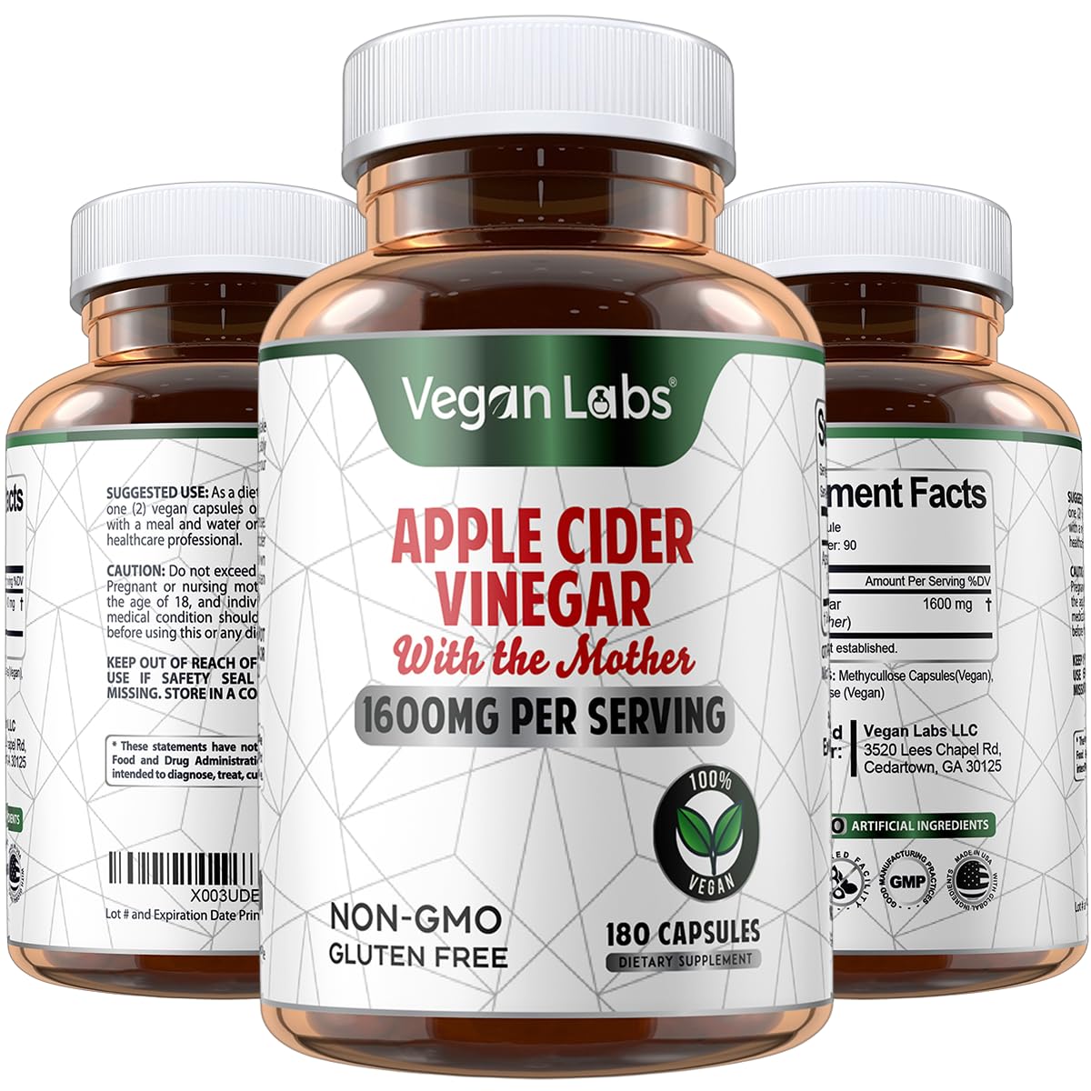 Vegan Labs Apple Cider Vinegar Capsules with The Mother- 180 Vegan Capsules