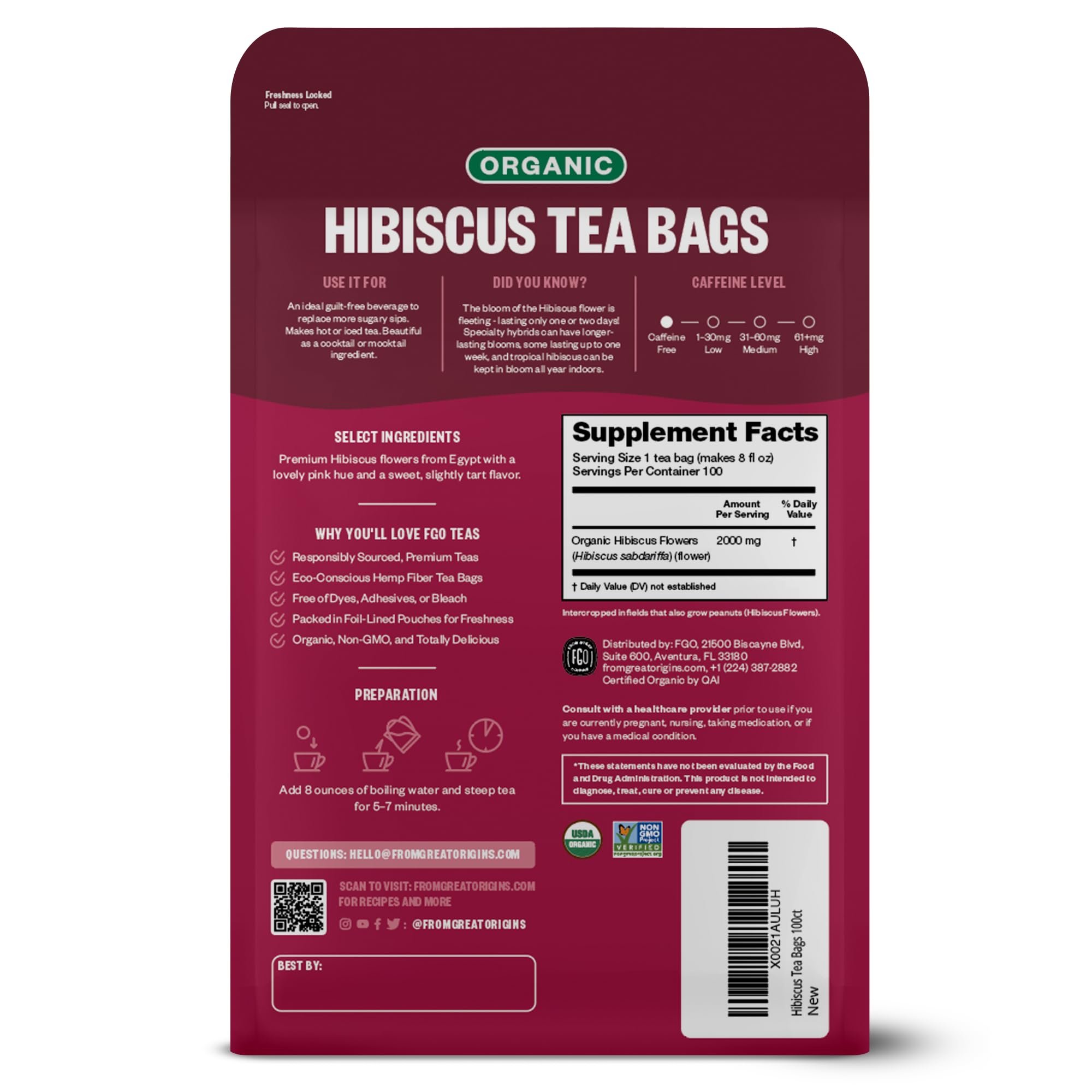 FGO Organic Hibiscus Tea, Eco-Conscious Tea Bags, 100 Count, Packaging May Vary FGO