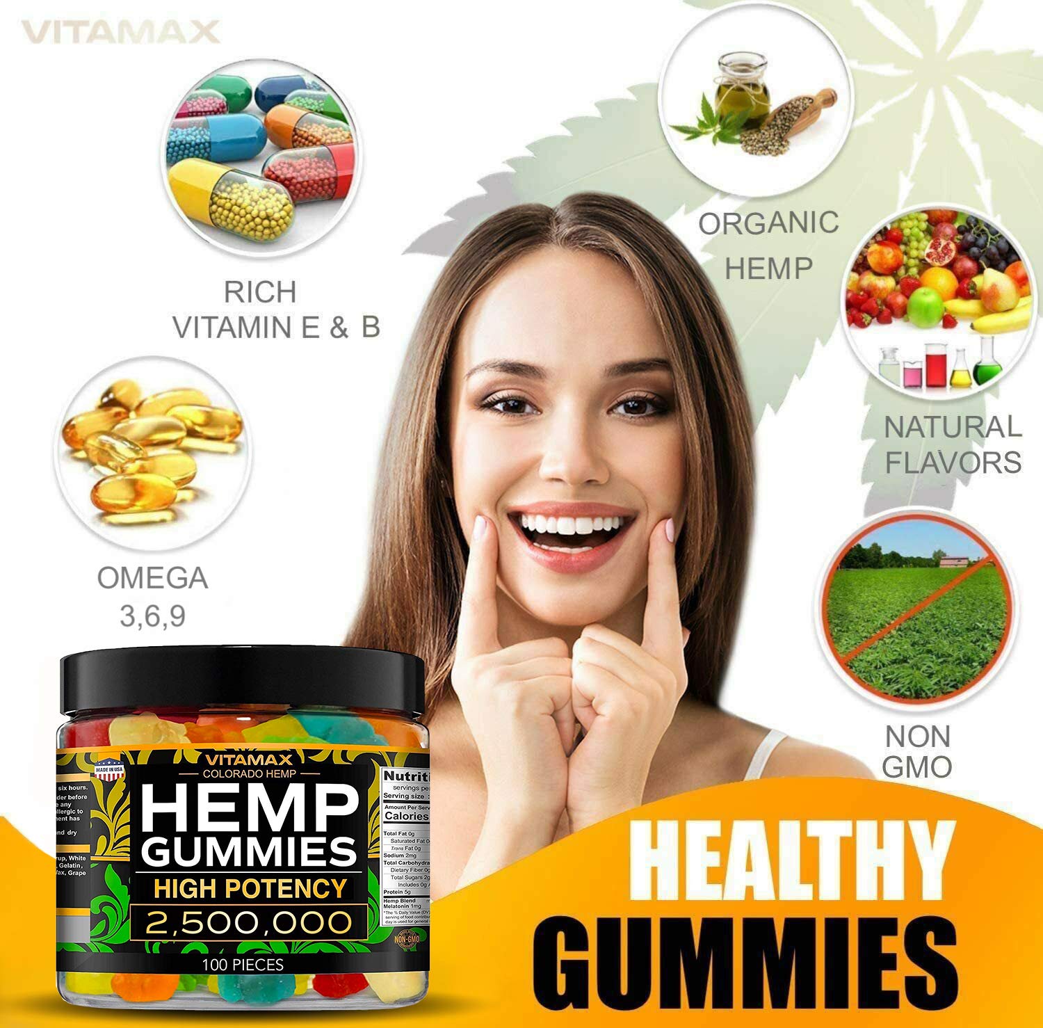 Vitamax Hemp Gummies - Great for Peace & Relaxation - 2,500,000 - Natural Fruit Flavors Vitamax