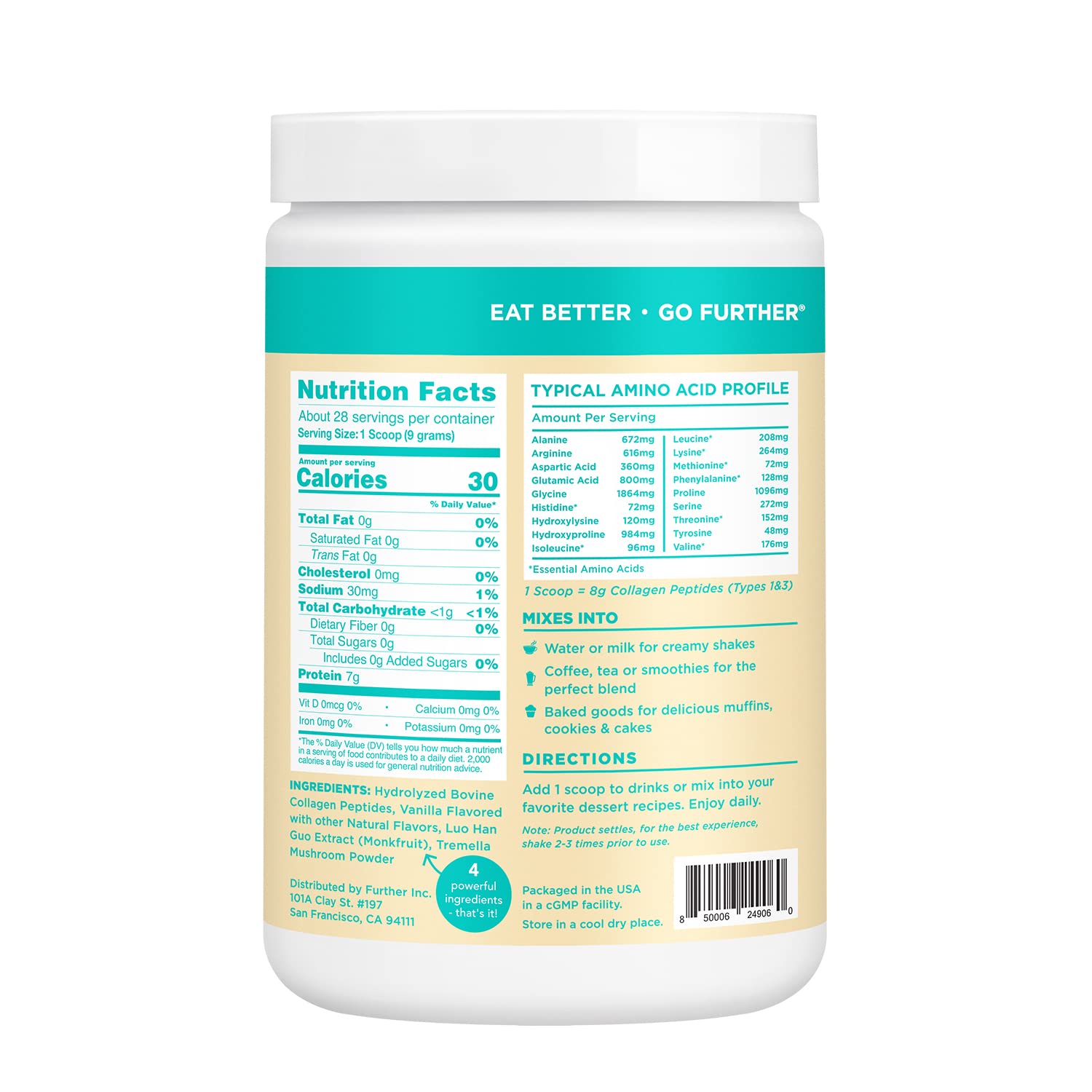 Further Food Collagen Peptides Powder Vanilla Flavored Keto Grass-Fed Collagen Type Further Food