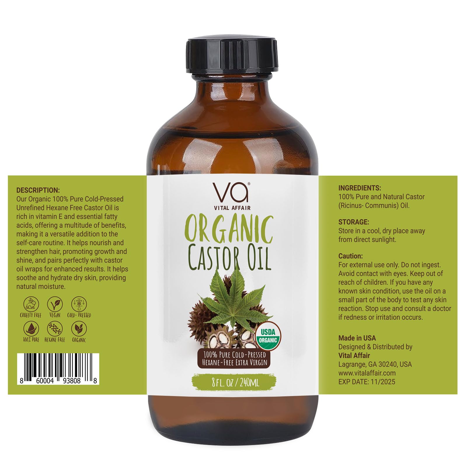 VITAL AFFAIR Castor Oil Organic Cold Pressed Unrefined Glass Bottle- USDA Certified Organic Castor Oil VITAL AFFAIR