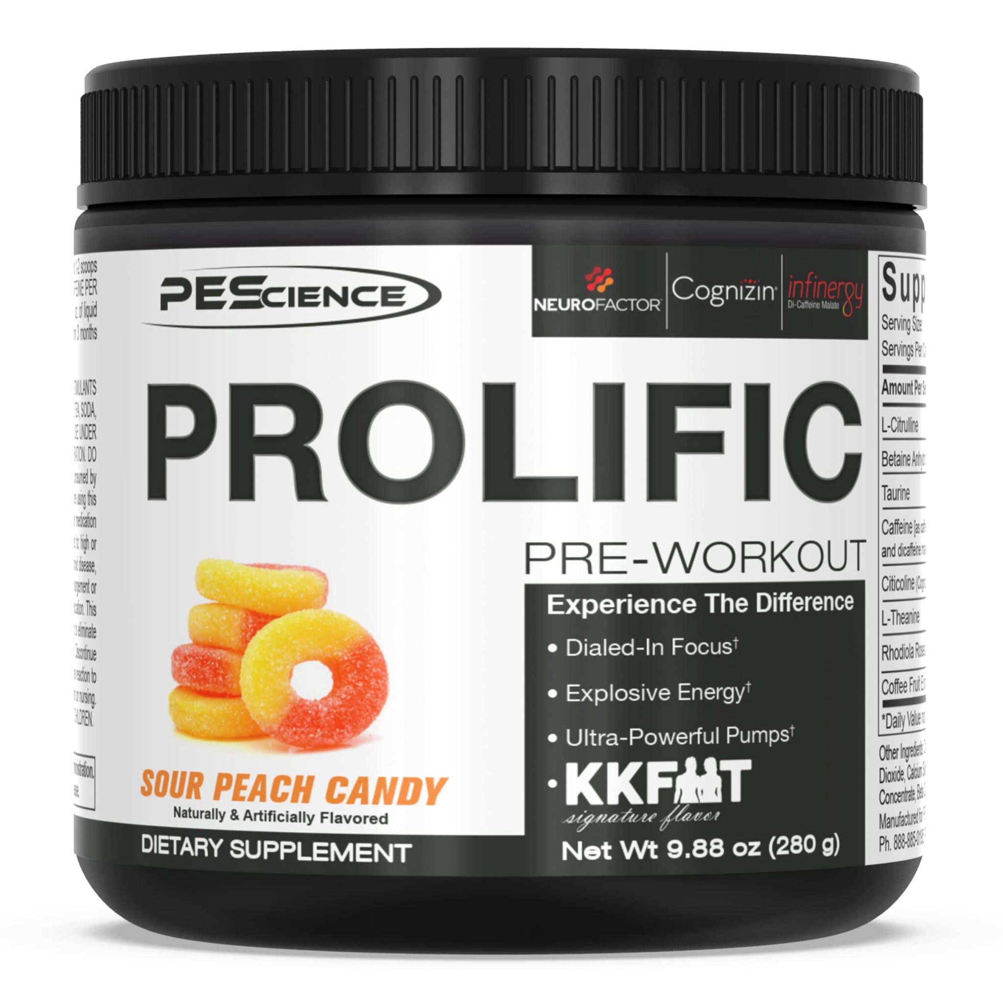 PEScience Prolific Pre Workout Powder, Sour Peach Candy, 40 Scoop, Energy Supplement 