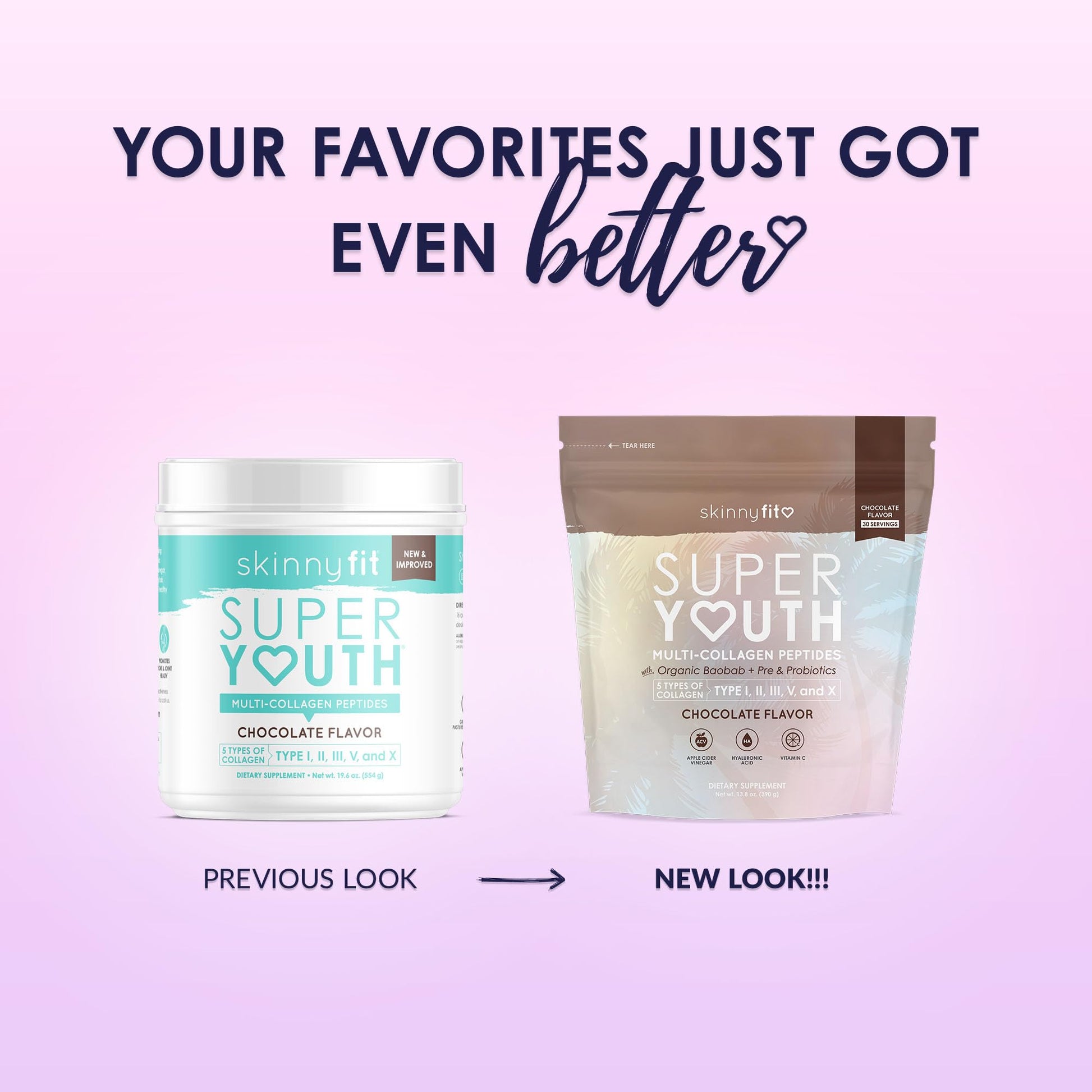 SkinnyFit Super Youth Chocolate Multi-Collagen Peptides + Probiotics, Baobab Fiber SkinnyFit