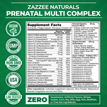 Zazzee Extra Strength Complete Prenatal Multi Complex, 120 Vegan Capsules, 2 Month Supply