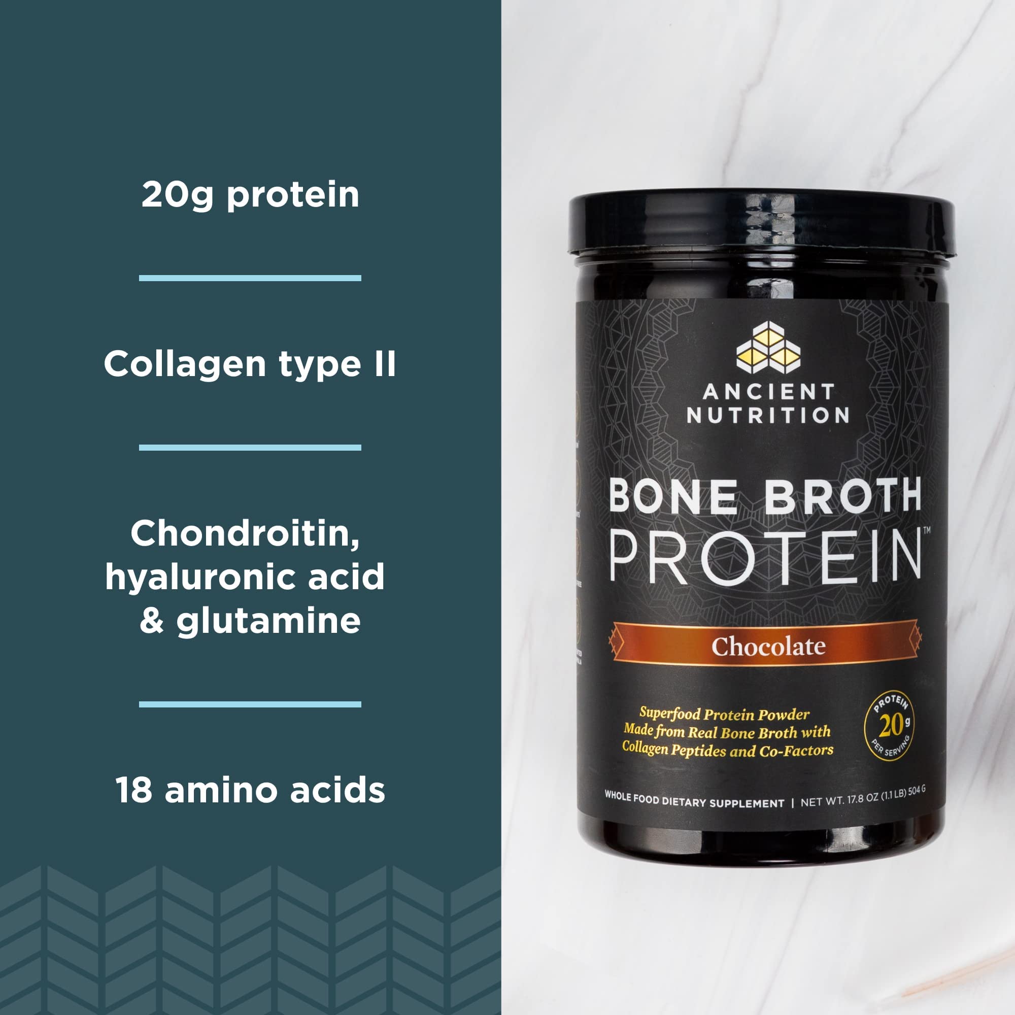 Ancient Nutrition Protein Powder Made from Real Bone Broth, Chocolate, 20g Protein Ancient Nutrition