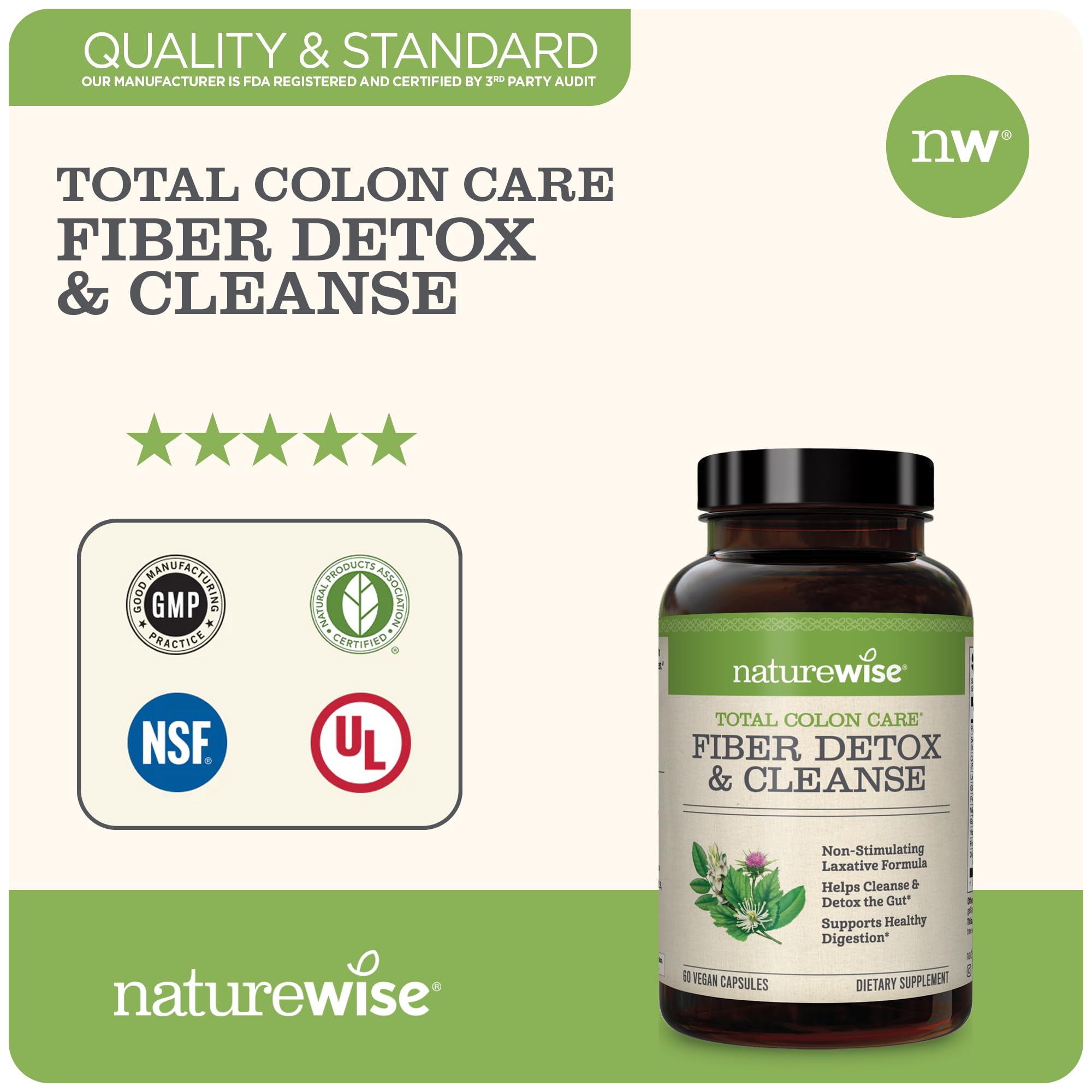 NatureWise Total Colon Care Fiber Cleanse with Herbal Laxatives, Prebiotics, & Digestive NatureWise