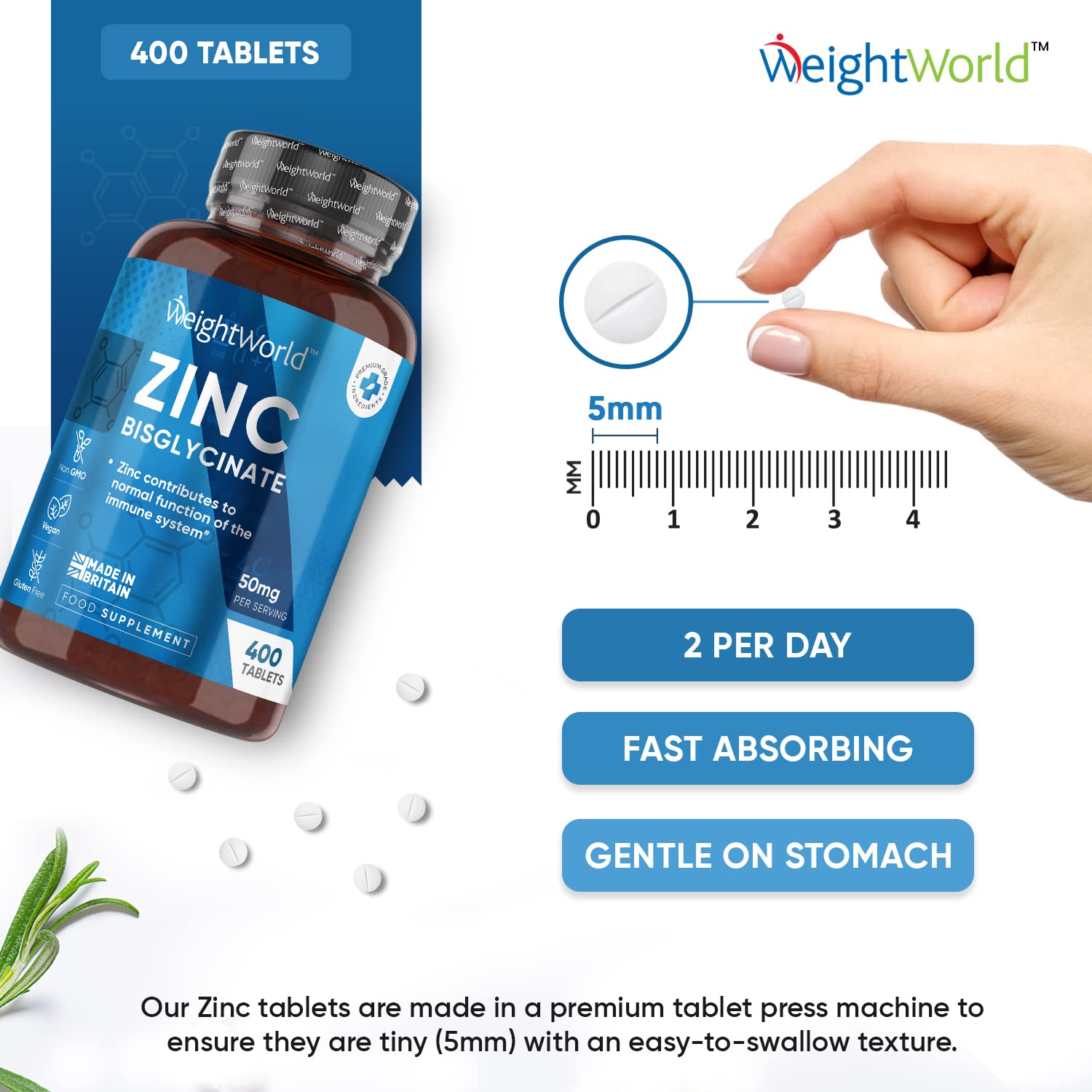 High Strength Zinc Tablets 50mg – 400 Vegan Zinc Bisglycinate Tablets 6+ Months WeightWorld