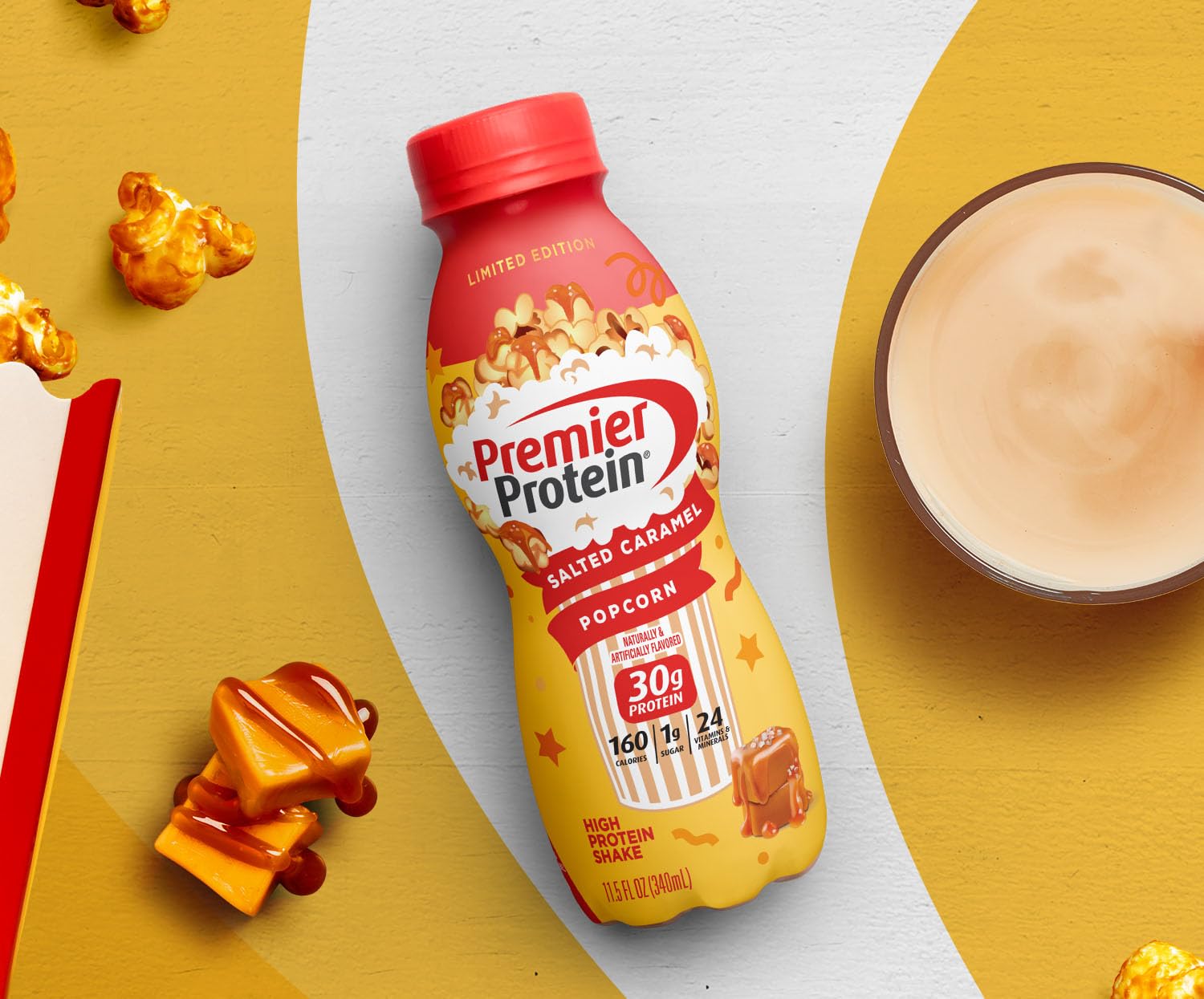 Premier Protein Shake Limited Edition Salted Caramel Popcorn, 30g 1g Sugar 24 Vitamins Premier Protein