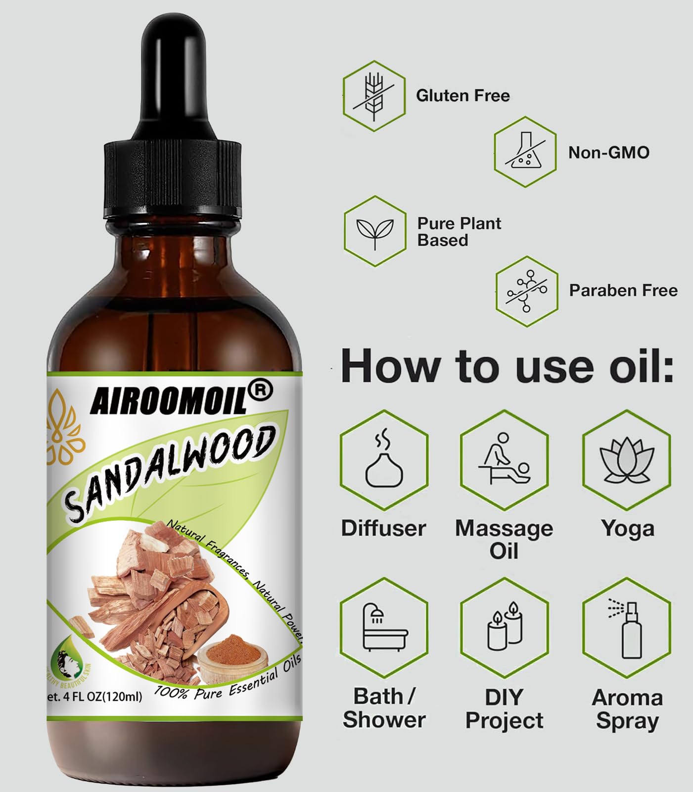Sandalwood Essential Oil Woodsy Fragrance for Aromatherapy Diffuser Perfume Scents Oil airoomoil