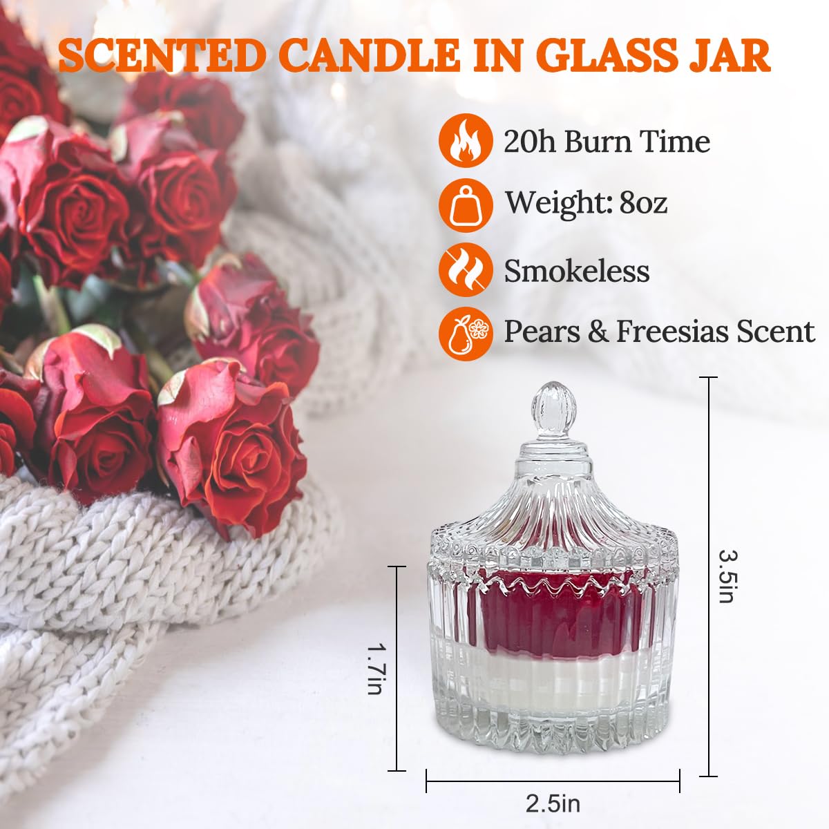 Red Rose Candle in Rippled Glass Jar for Valentine's Day Gifts, English Pear& Freesia Scented Candles Peytanger