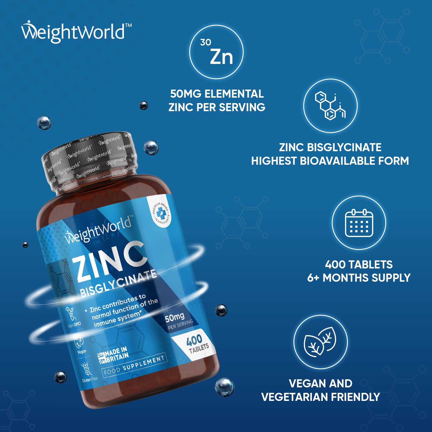 High Strength Zinc Tablets 50mg – 400 Vegan Zinc Bisglycinate Tablets 6+ Months WeightWorld