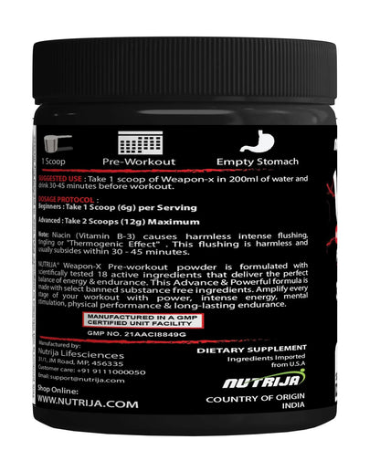 NutriJa Weapon-X Pre-Workout Powder with 21 Active Ingredients - 3 Best Forms of Creatine, AAKG, Beta-Alanine, Caffeinated | Pumps, Viens Popping, Energy, Focus & Strength (60 Servings (Mango))