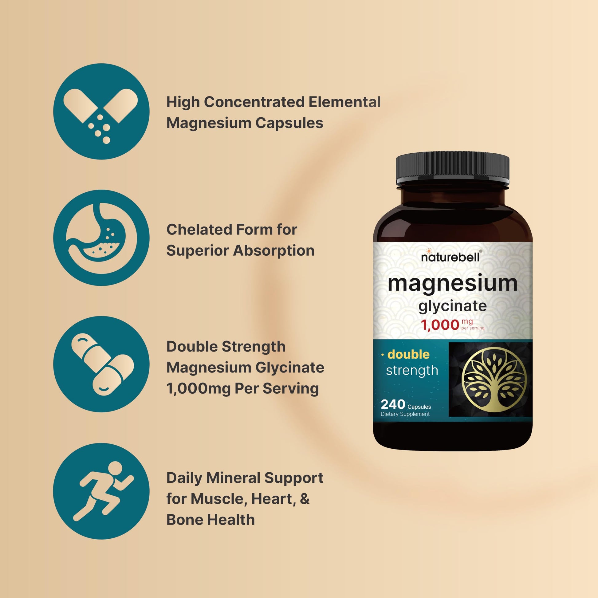 NatureBell Magnesium Glycinate Supplement 1,000mg | 500mg Per Capsule, 240 Pills NatureBell