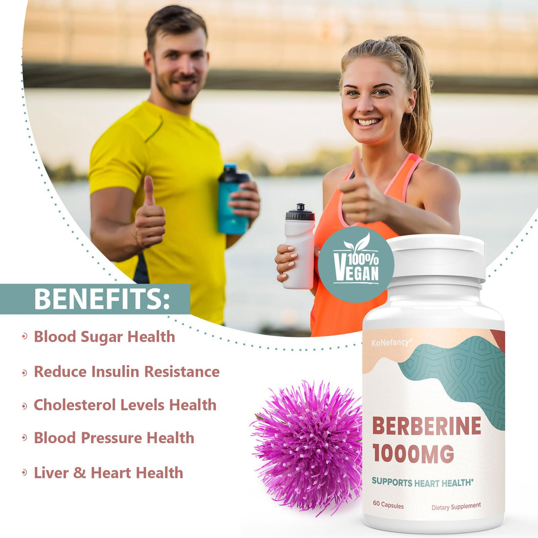 KoNefancy Berberine HCL Supplement 1000mg, High Absorption Berberine Plus Vegan 