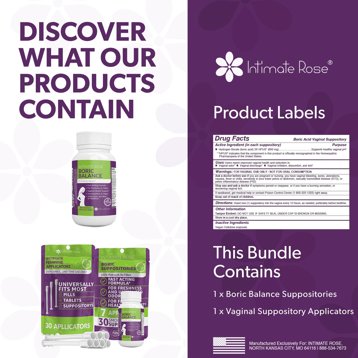 Intimate Rose Save 10% on Boric Acid Vaginal Suppositories - 30 Count (600mg) + 30 Applicators Intimate Rose