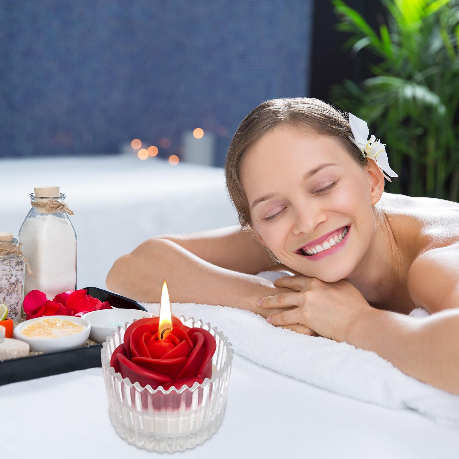 Red Rose Candle in Rippled Glass Jar for Valentine's Day Gifts, English Pear& Freesia Scented Candles Peytanger